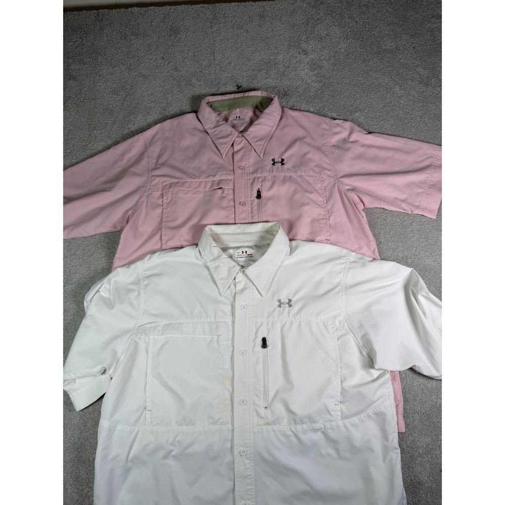 Lot of 2 Under Armour Men's L Heatgear Loose Fishing Vented Shirts Button UPF
